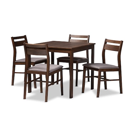 Baxton Studio Lovy Gray Upholstered Dark Walnut-Finished 5-Piece Wood Dining Set 155-9579